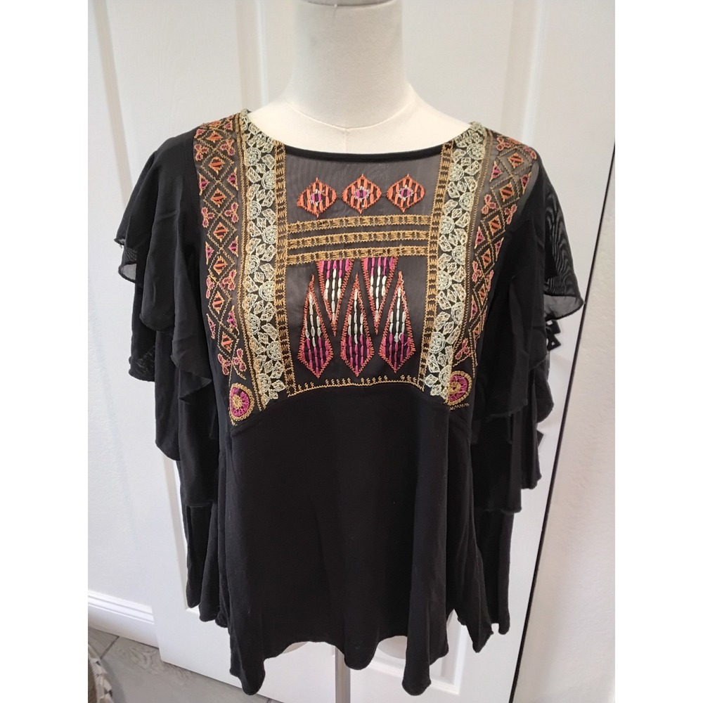 Free People Embroidered Black Ruffle Sleeve Boho Tunic Top Women's M